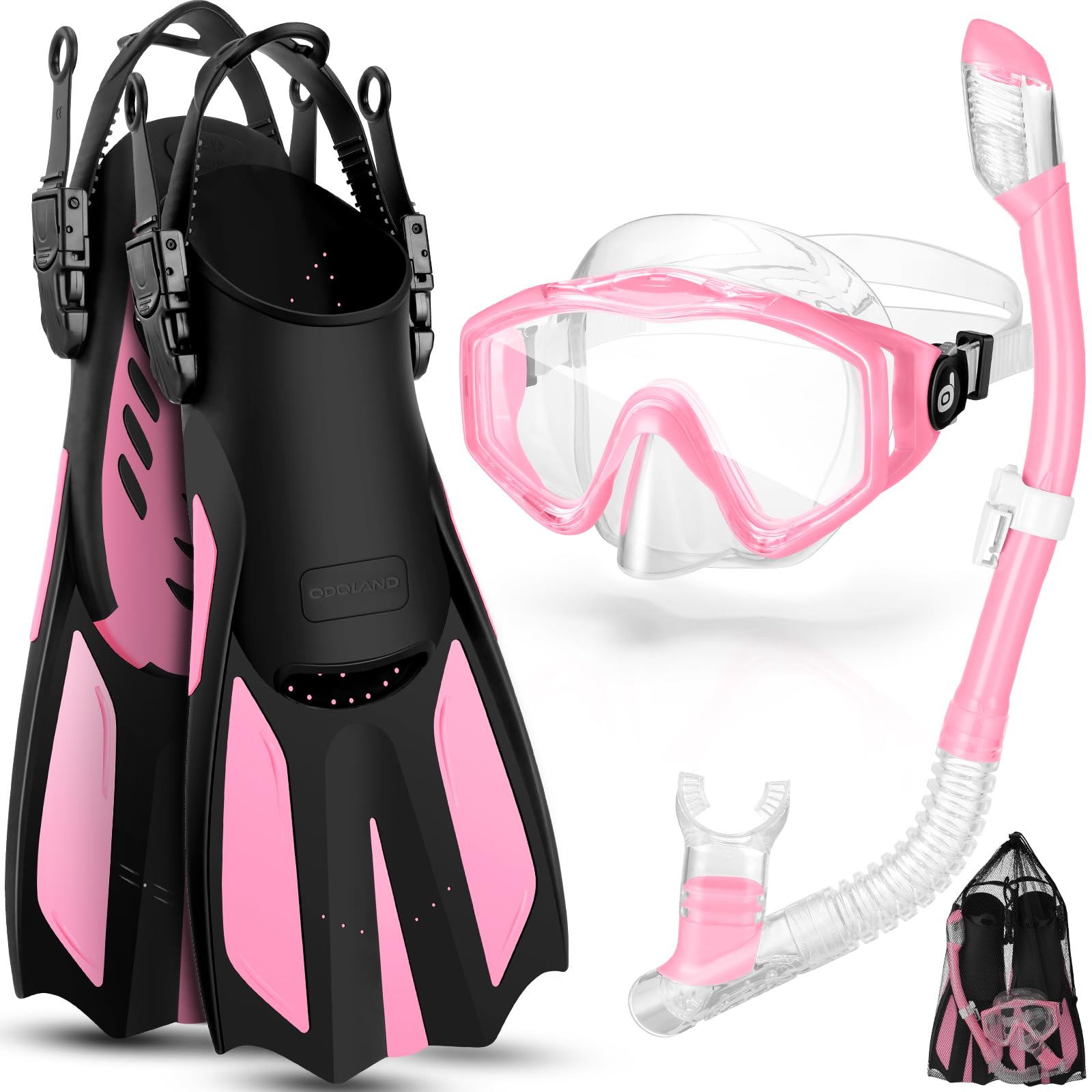 Odoland Snorkel Set for Adults, Dry Top Mask Snorkeling Gear, Adjustable Fins, Anti-Fog Anti-Leak, Suitable for Men and